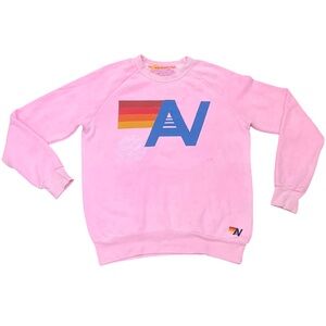 Aviator Nation Pink Sweater with Blue and Multicolor Design